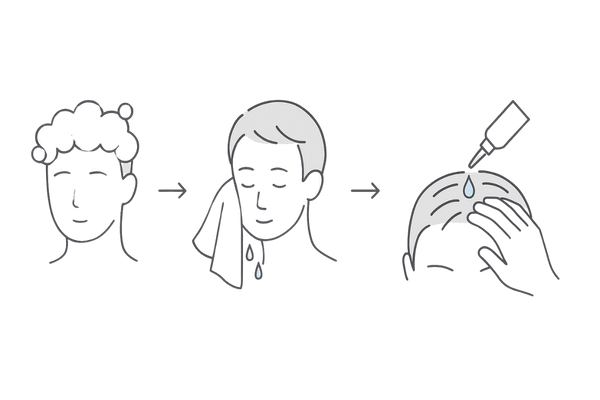つむじに効かせる育毛剤の正しい使い方（洗髪→タオルドライ→塗布&マッサージ）