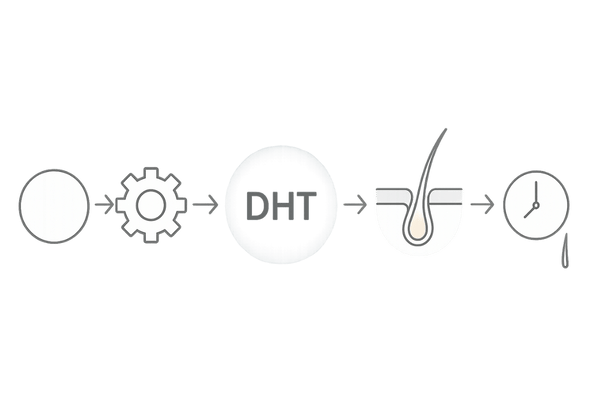 AGAの仕組み｜テストステロン→5αリダクターゼ→DHT→毛包→ヘアサイクル短縮