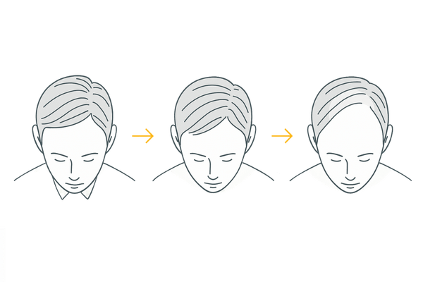 頭頂部薄毛（O字型）の進行イメージ｜つむじ周囲から広がるAGAの模式図