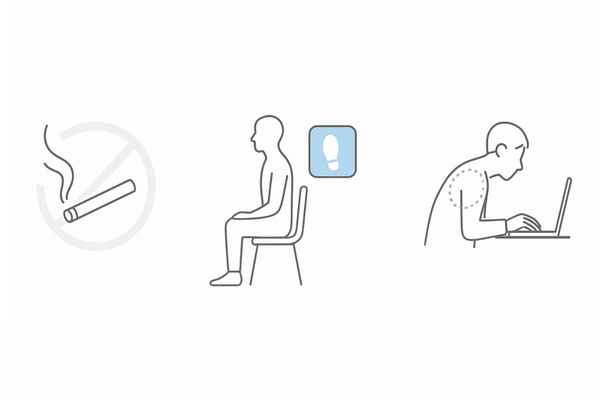 頭頂部薄毛を悪化させるNG習慣アイコン（喫煙・運動不足・同じ姿勢）