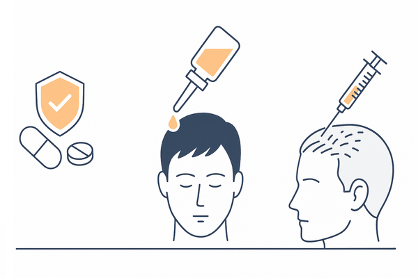 AGA治療の役割分担（守り＝内服／攻め＝外用ミノキ／補強＝注入療法）【頭頂部】