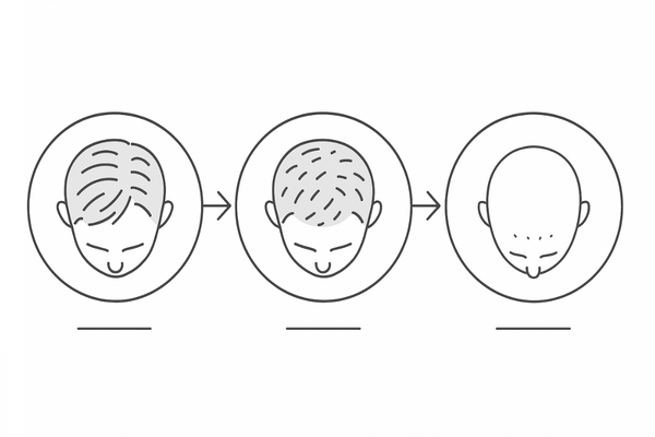髪の細さでわかるAGA進行度｜初期・中期・後期の3段階イメージ