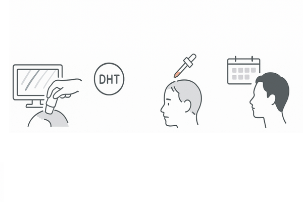 つむじハゲ治療の流れ｜診断→内服（DHT抑制）→外用（発毛促進）→経過観察の4ステップ