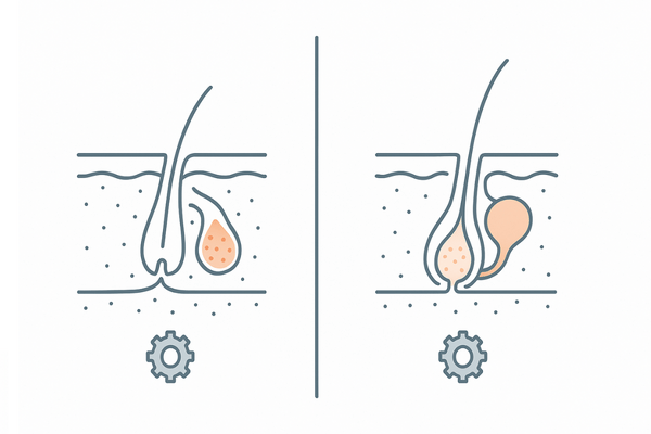 I型・II型5αリダクターゼの分布比較図｜皮脂腺・体毛 vs 毛乳頭・前立腺（DHTブロッカー標的の違い）