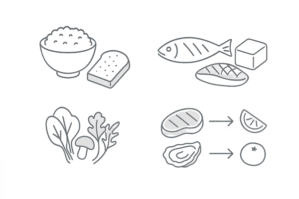 主食・主菜・副菜で整える一食モデルと“食べ合わせ”の例（鉄×ビタミンC／亜鉛×クエン酸）