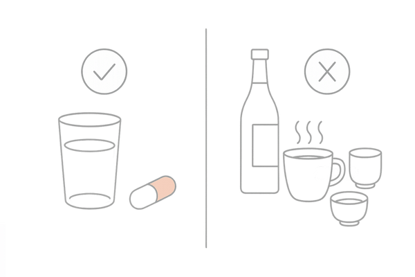 デュタステリドの服用と飲み物の注意点｜水で服用・避けたい飲料の比較図