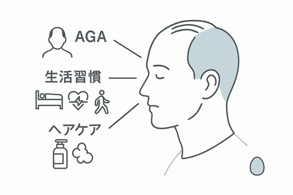 卵だけでは不十分—AGA・生活習慣・ヘアケアの複合要因イラスト