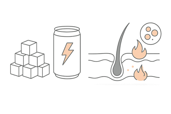 糖分過多による頭皮の糖化・皮脂過剰と炎症のイメージ
