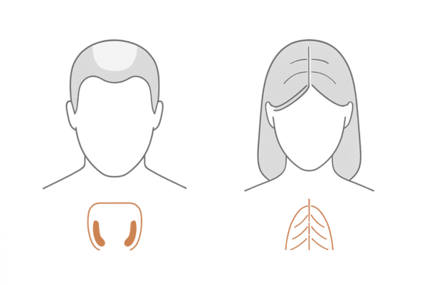 女性型脱毛症(FAGA/FPHL)と男性AGAの進行パターン比較|びまん性・クリスマスツリーパターンの図解