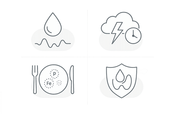 女性の薄毛原因マップ|ホルモン変動・ストレス/睡眠・栄養不足・基礎疾患の4象限図