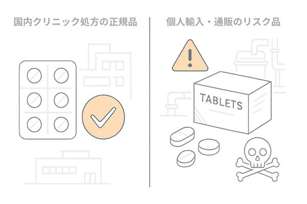 国内正規品と個人輸入フィナステリドの品質リスク比較イメージ