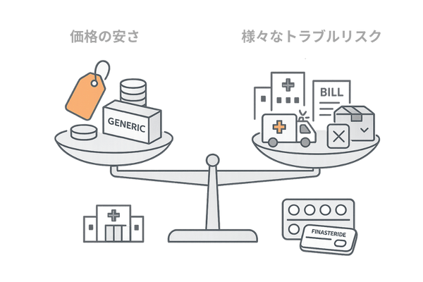 フィナステリド個人輸入のコストとリスクを天秤にかけたイメージ図