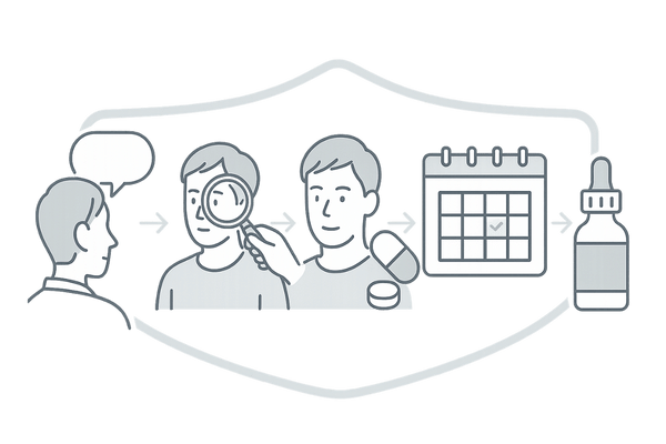 クリニックでの安全なAGAジェネリック治療フロー（線画フローチャート）