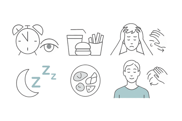 おでこの後退を加速させる生活習慣と改善ポイントの比較図（睡眠・栄養・ストレス・洗髪）