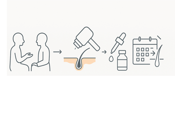 AGA治療の流れ図｜カウンセリング・頭皮診断・内服/外用・フォローアップ