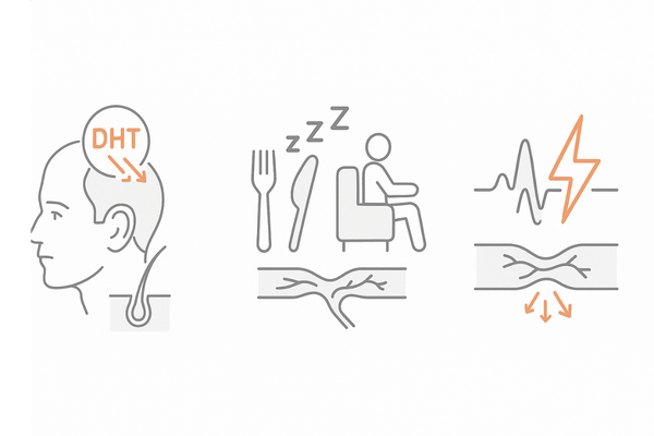 前髪の薄毛の主因3つ（AGA・生活習慣・ストレス）を直感的に示すアイコン図