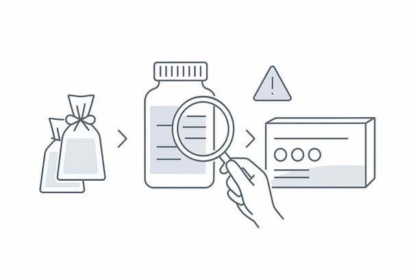 成分量チェックと重複摂取の注意点｜ラベル確認と漢方・市販薬の併用リスクを示す3カラム図