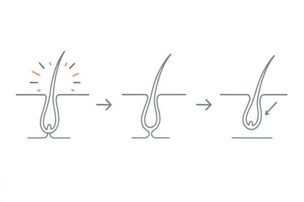 ヘアサイクルの3期（成長期・退行期・休止期）を一目で示す横フロー図｜生え変わり期の抜け毛の基礎理解に