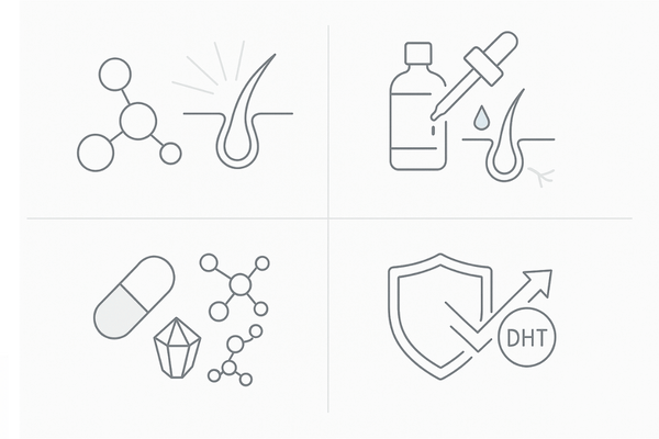 発毛注射の主成分イメージ｜成長因子・ミノキシジル・ビタミンミネラルアミノ酸・DHT対策の構成図