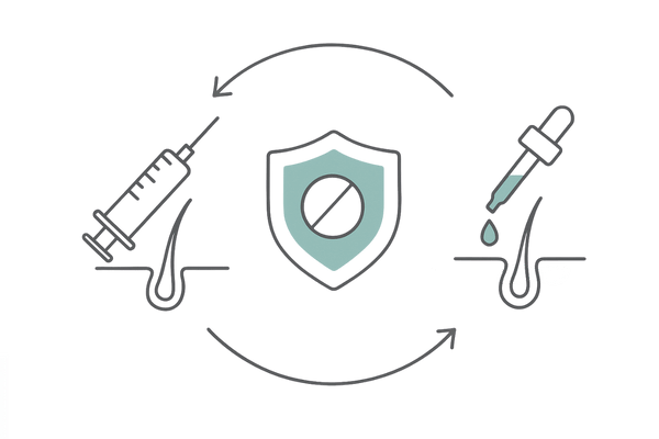 併用で高める発毛効果｜発毛注射×内服薬×外用薬の相乗効果イメージ（攻めと守りの多角的アプローチ）
