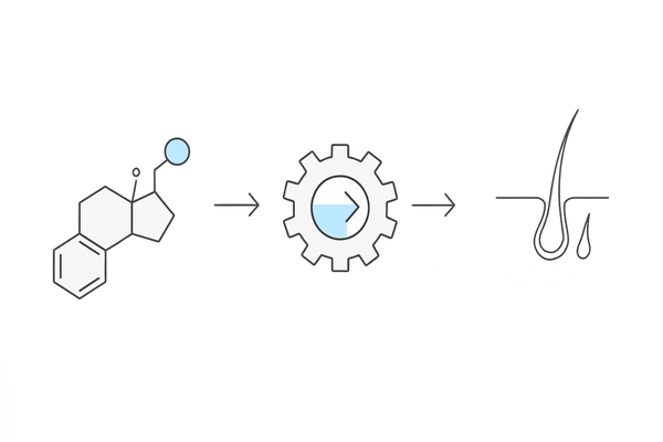 20代の頭頂部薄毛｜AGAの仕組み（テストステロン→DHT→毛包ミニチュア化）図解