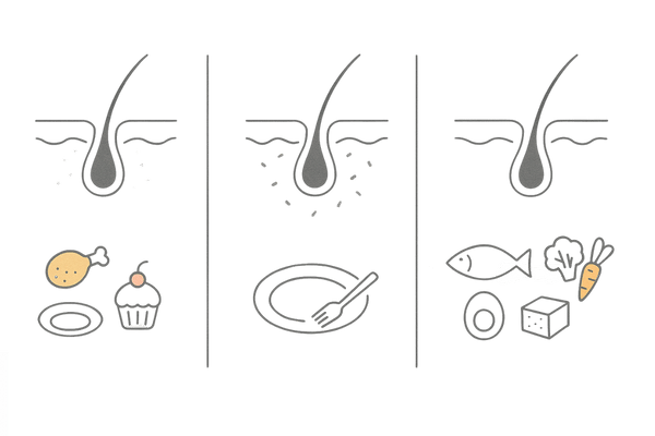 薄毛対策と食事の関係|高脂質・栄養不足・バランス食が頭皮に与える影響(比較図)