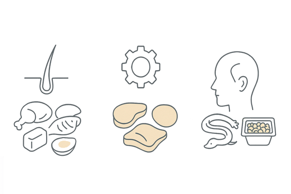 髪の成長を支える主要栄養素|タンパク質・亜鉛・ビタミンB群と食品例(アイコン図)