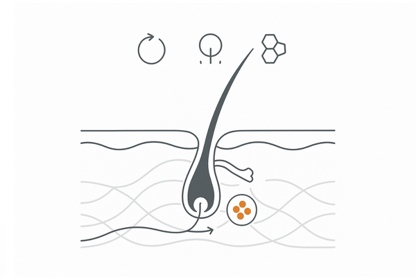 コラーゲンと髪の関係|頭皮真皮のコラーゲン・血行・毛包幹細胞のイメージ図