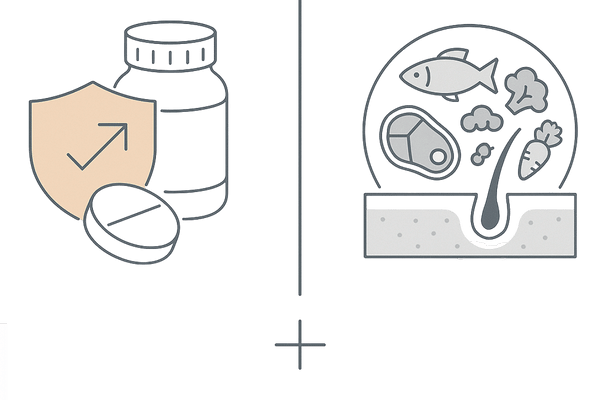 食事改善×AGA治療の相乗効果|治療(守り・攻め)と栄養(土台)の役割分担(比較図)
