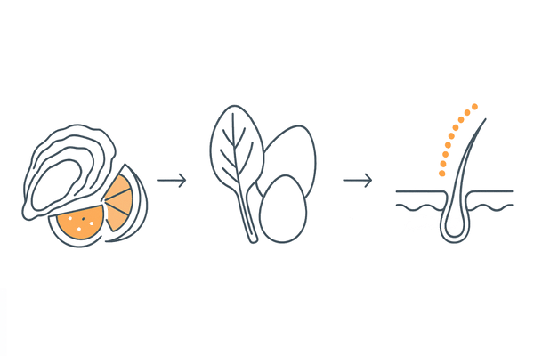 髪に効率的な食べ合わせ|牡蠣×レモン・ほうれん草×卵 → 毛根へ届くイメージ