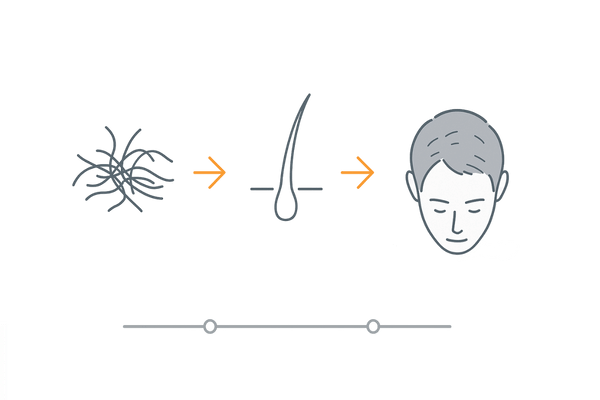 AGA内服治療の経過目安｜初期脱毛から3〜6ヶ月・6ヶ月以降の見た目変化イメージ（タイムライン）