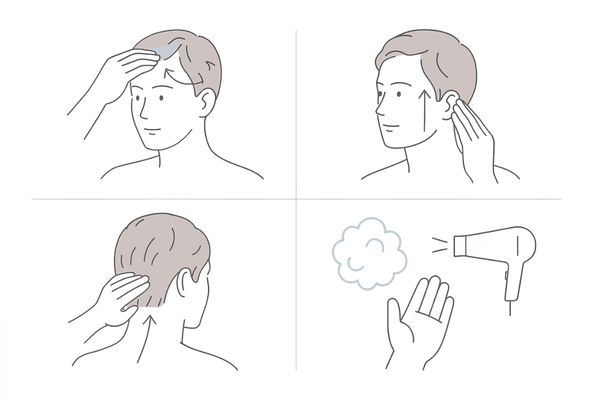 自宅でできる頭皮ケア：マッサージ動線とやさしいシャンプー手順の4分割図