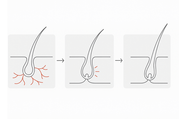 ミノキシジルの作用｜血管拡張→毛母細胞活性→成長期延長のフロー図