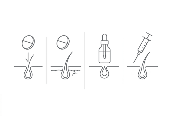 AGA治療の種類と作用ポイント｜内服（守り/攻め）・外用・注入の俯瞰