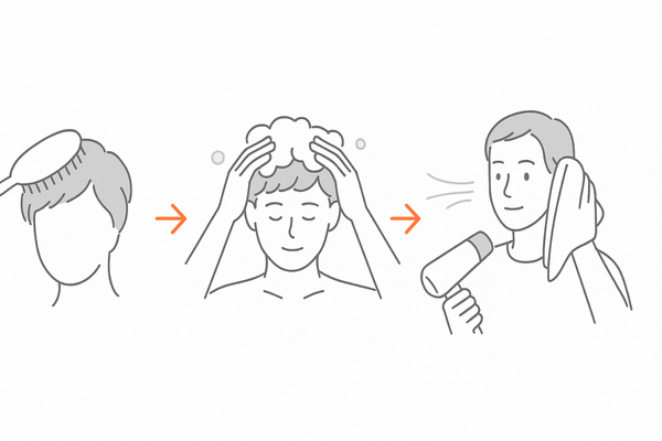 育毛剤を塗る前の準備3ステップ（ブラッシング→優しく洗髪→タオル&8割ドライ）｜育毛剤 塗り方・頭皮ケア