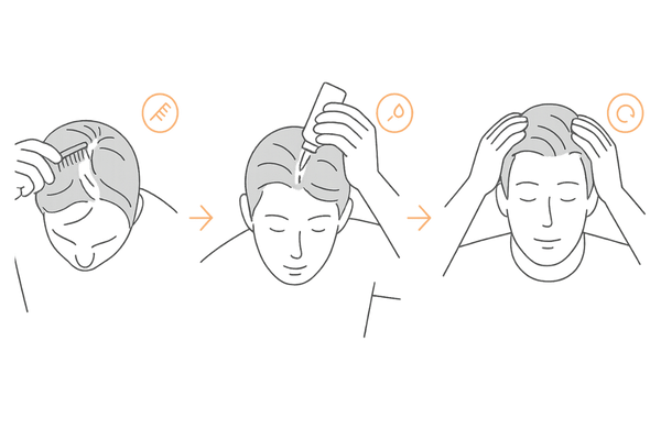 育毛剤の正しい塗り方3ステップ（分け目作り→ノズルでライン塗布→指の腹でなじませ）｜育毛剤 使い方 手順