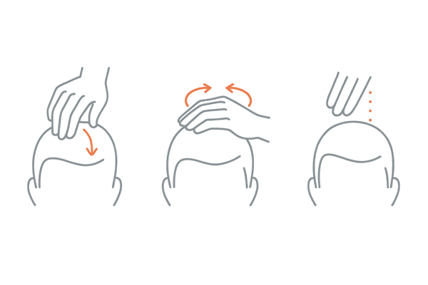 頭皮マッサージの基本動作（圧迫・揉捏・叩打）をシンプルに示すアイコン図｜育毛剤 後 マッサージ 方法
