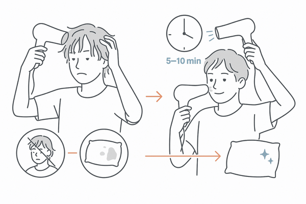 育毛剤使用後の正しいケアとNG比較（5–10分置く→温風→冷風／NG：即温風・濡れ髪就寝・不潔な枕）｜頭皮ケア アフターケア
