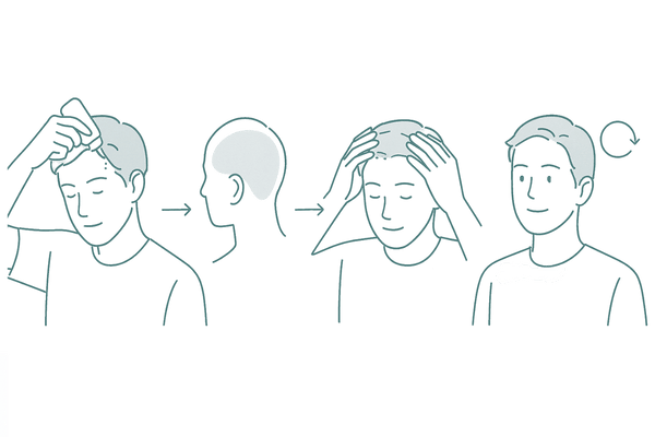 育毛剤の正しい塗り方4ステップ｜ライン付け→全体に行き渡らせる→指の腹でなじませる→自然乾燥