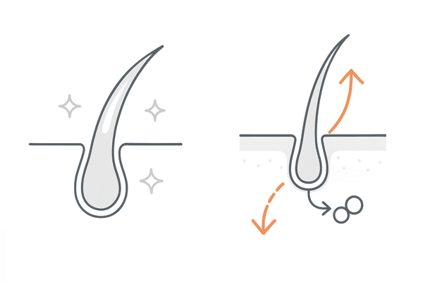 「ケラチン配合」製品の限界｜髪表面の補修と毛根からの育毛の違い（比較図）