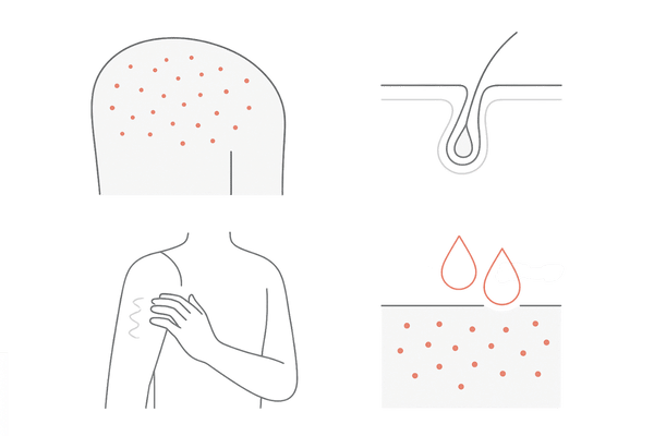 マラセチア毛包炎の代表的症状イメージ（均一な小丘疹・芯なし・軽いかゆみ・汗後に悪化）