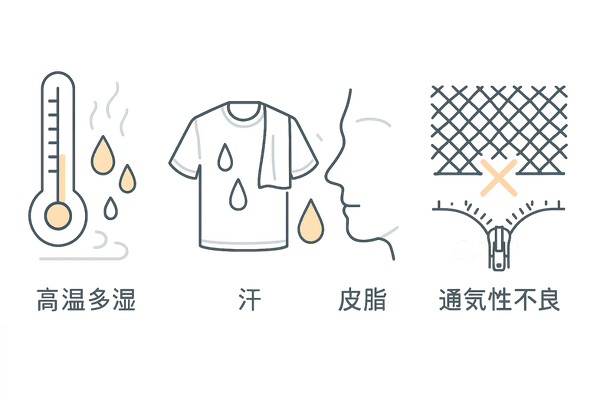 マラセチア毛包炎の発症・悪化要因|高温多湿・汗・皮脂・通気性不良