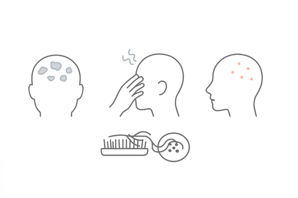 受診を検討すべき頭皮トラブルのサイン｜黄色い湿ったフケ・強いかゆみ・赤み・抜け毛増加（図解）
