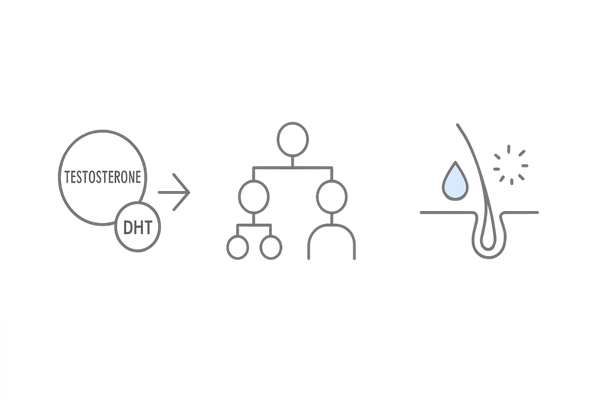 AGAの主因をひと目で理解：DHT・遺伝・頭皮環境の3要素アイコン図
