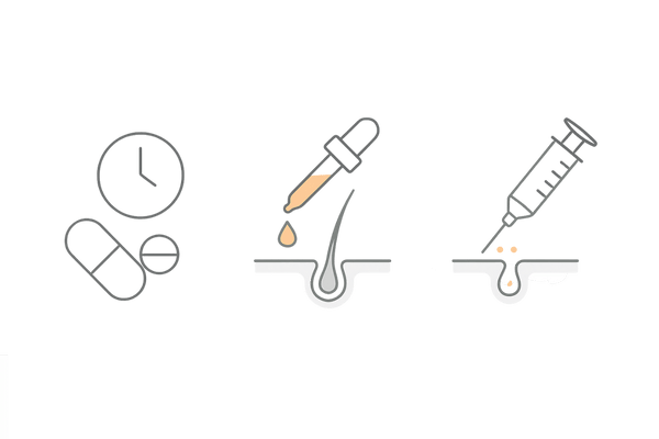 AGA治療の標準構成：内服・外用・メソセラピーの役割を示す3カラム図