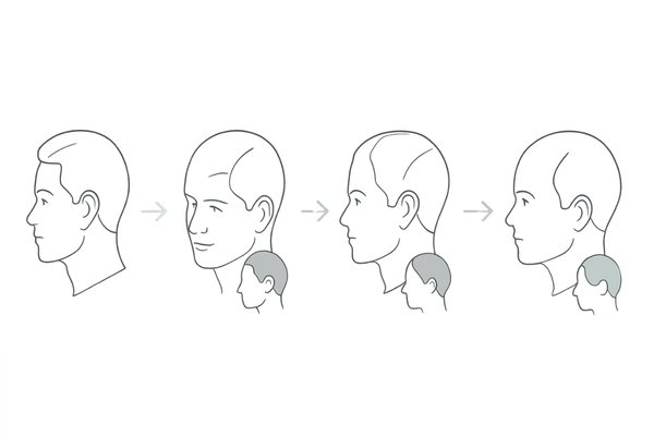 AGAの進行パターン（ノーウッド初期→中期→合流）を示す4ステップフロー