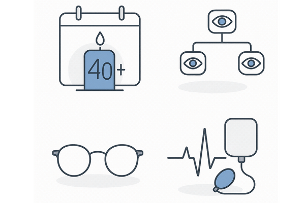 緑内障のリスク因子アイコン｜40歳以上・家族歴・強度近視・高血圧/糖尿病