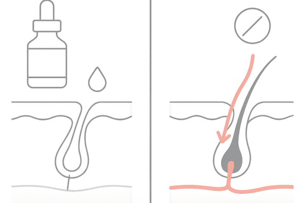 外用薬とミノタブ内服薬の浸透経路とM字はげへの効果の違いイメージ図