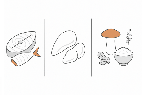 ナイアシンが多い食品：魚介・肉・きのこ／玄米・ピーナッツ