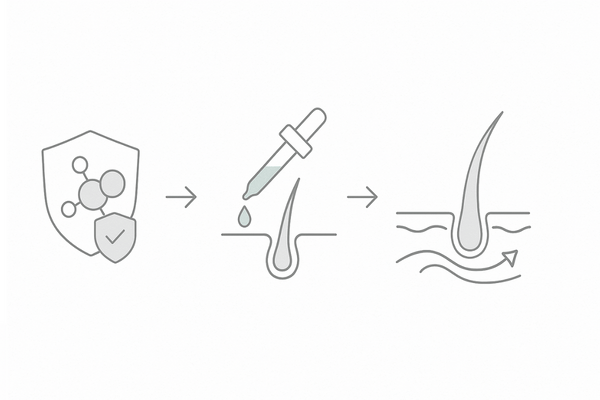 ナイアシンとAGA治療の併用イメージ：原因抑制→発毛促進→血行サポートの3ステップ